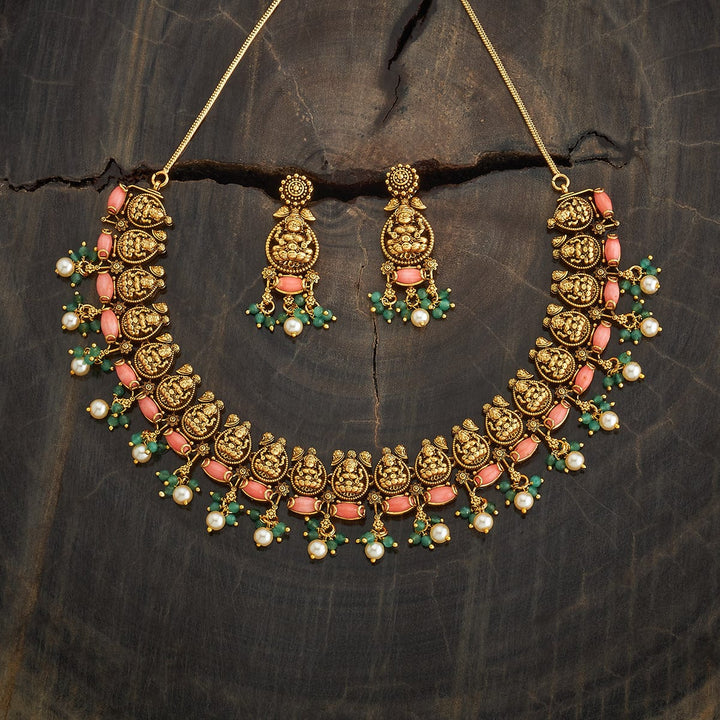 Antique Gold Plated Temple Necklace with Green and Coral Beads