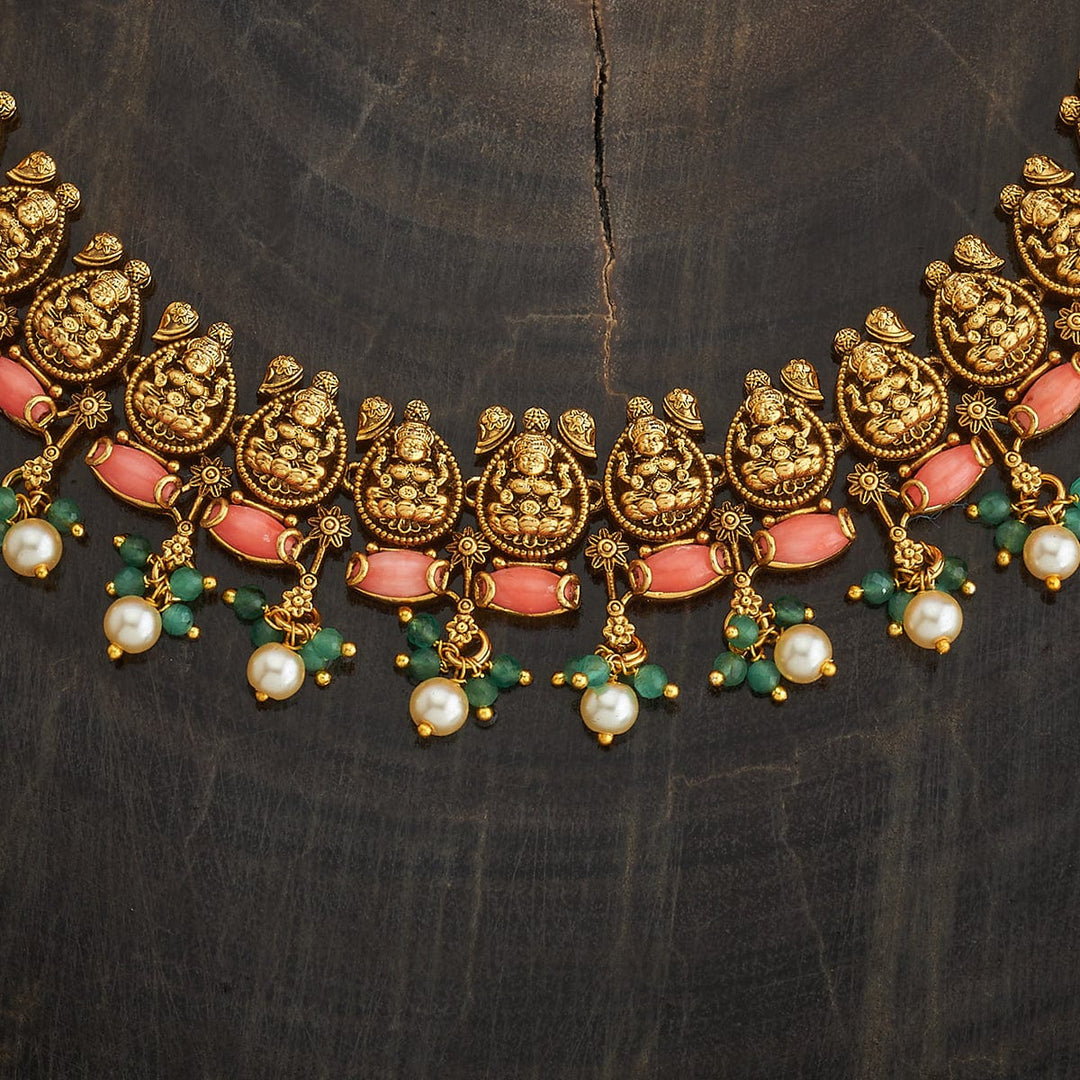 Antique Gold Plated Temple Necklace with Green and Coral Beads