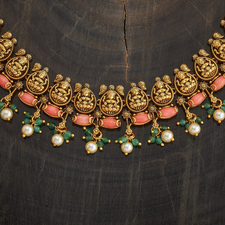 Antique Gold Plated Temple Necklace with Green and Coral Beads