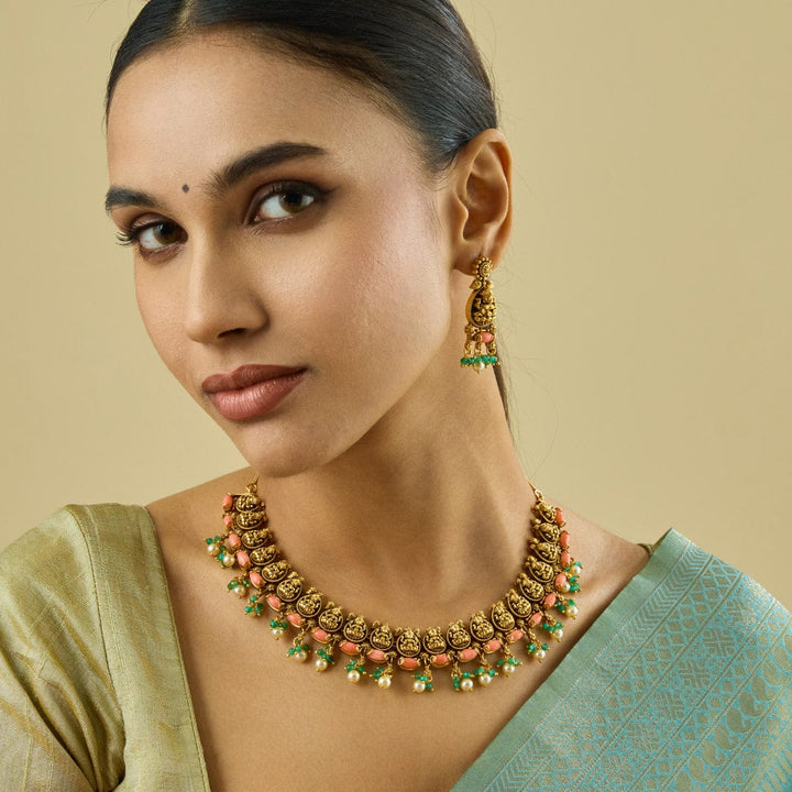 Antique Gold Plated Temple Necklace with Green and Coral Beads