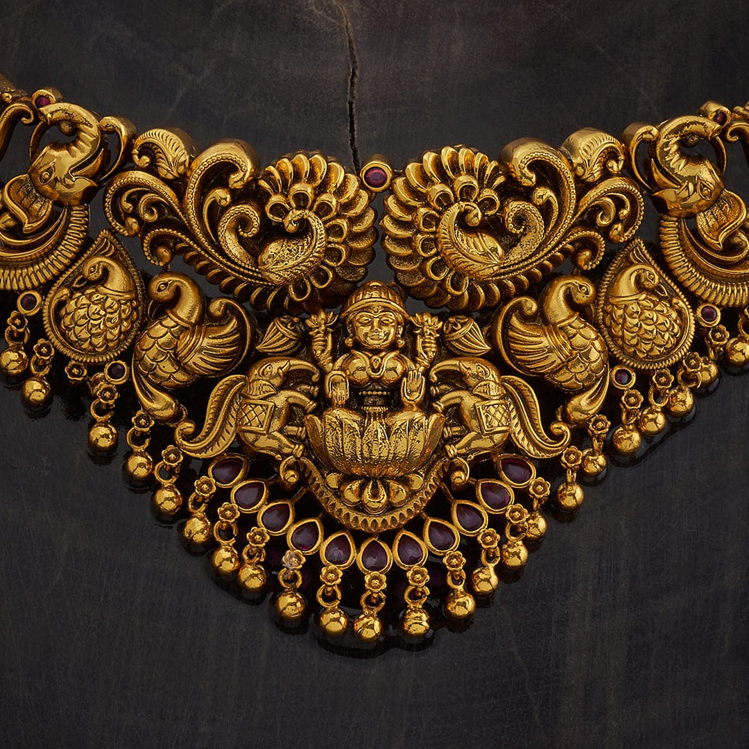 Flower and Lakshmi Design Antique Choker Necklace Set With Dangling Beads