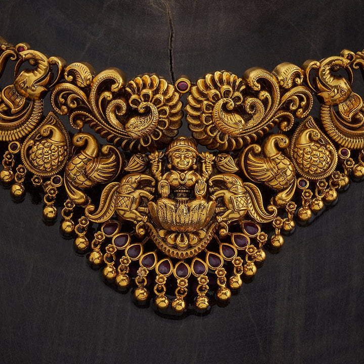 Flower and Lakshmi Design Antique Choker Necklace Set With Dangling Beads