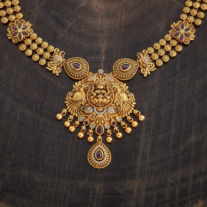 Lakshmi Antique Short Necklace Set With Red Stone And Gold Dangling Beads