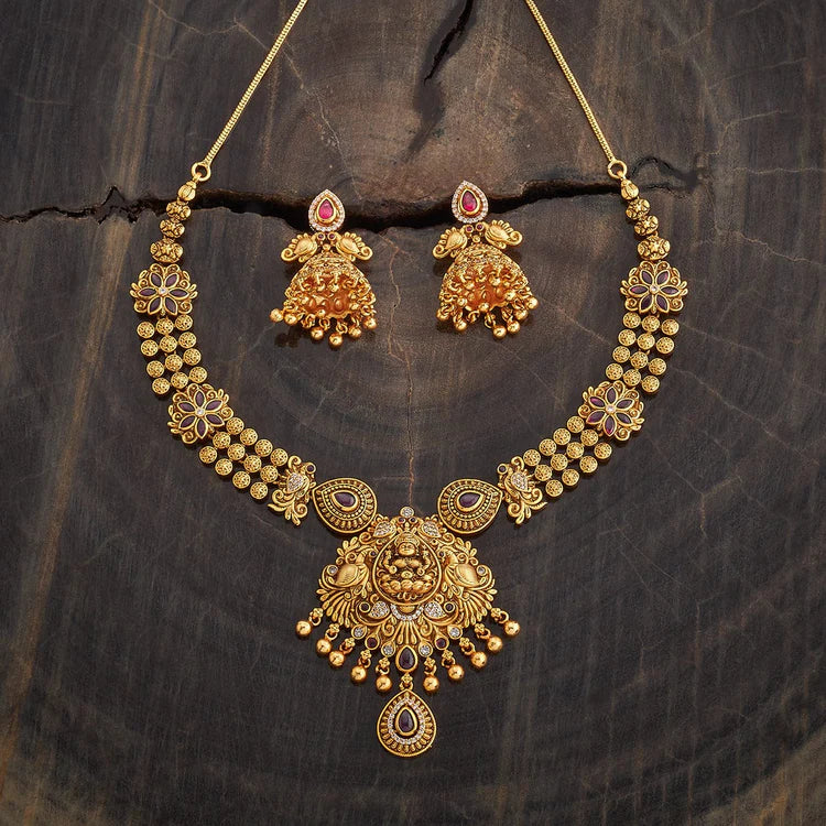 Lakshmi Antique Short Necklace Set With Red Stone And Gold Dangling Beads