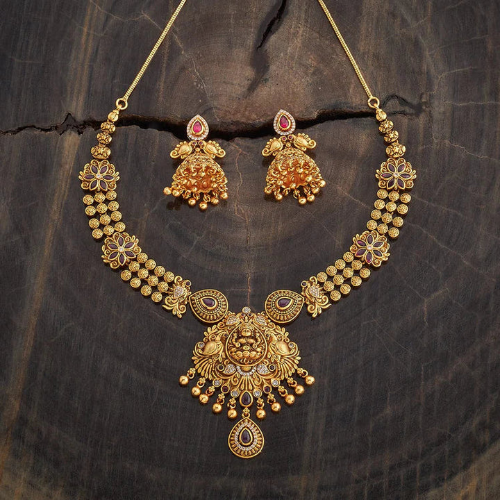 Lakshmi Antique Short Necklace Set With Red Stone And Gold Dangling Beads