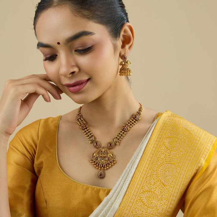 Lakshmi Antique Short Necklace Set With Red Stone And Gold Dangling Beads