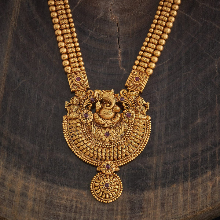Ganesha Antique Gold plated Long Necklaces with Red Stone