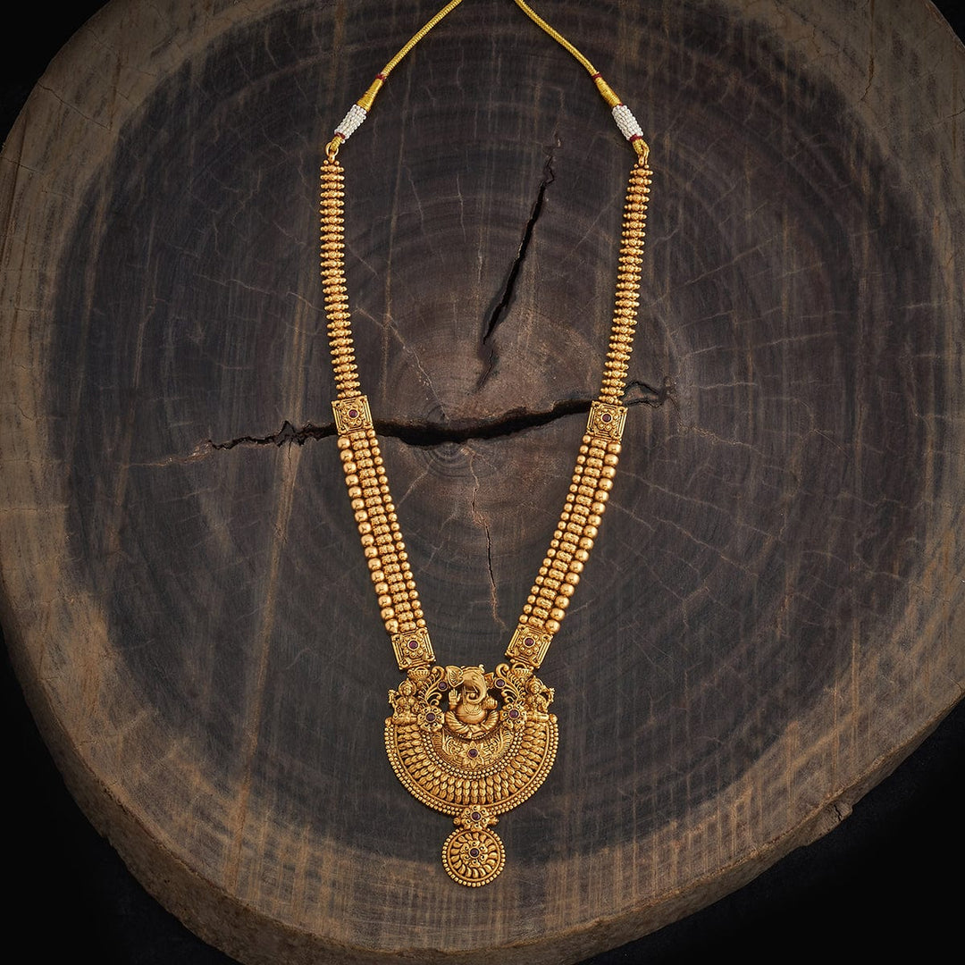 Ganesha Antique Gold plated Long Necklaces with Red Stone