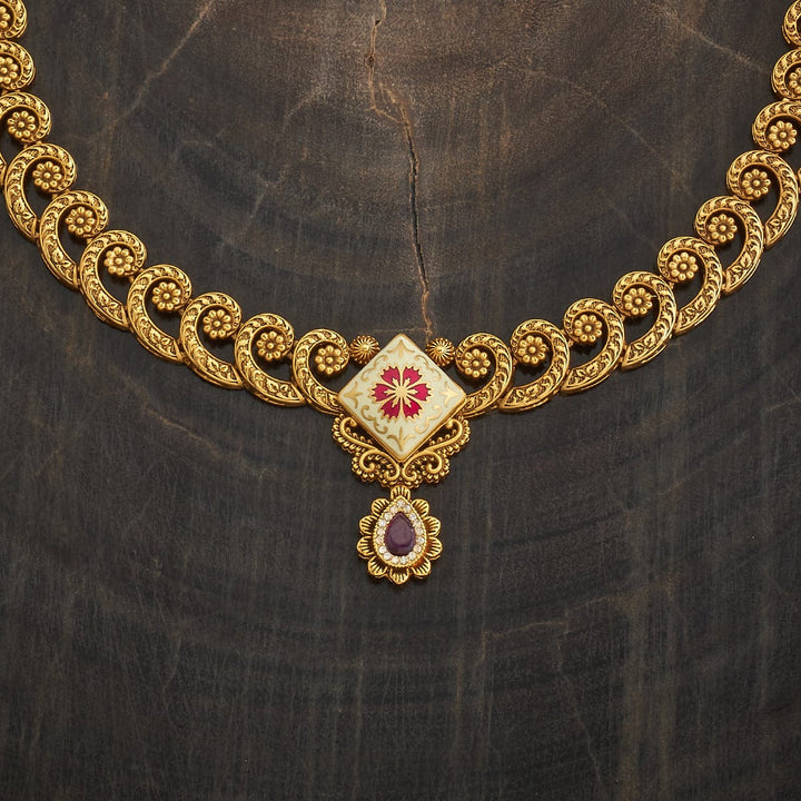 Enamel Floral Short Necklace Set with Red Stone Drops And Matching Earrings