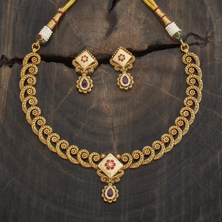 Enamel Floral Short Necklace Set with Red Stone Drops And Matching Earrings