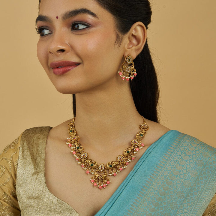 Peacock Motifs Antique Necklace Set With Red-Green Stones And Coral Beads and Pearls