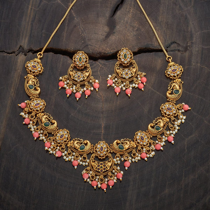 Peacock Motifs Antique Necklace Set With Red-Green Stones And Coral Beads and Pearls