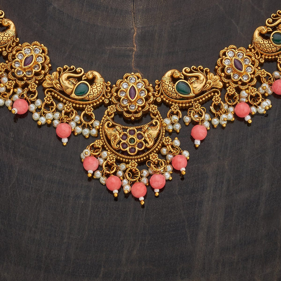 Peacock Motifs Antique Necklace Set With Red-Green Stones And Coral Beads and Pearls