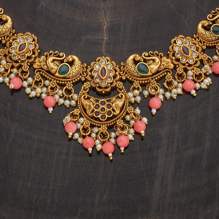 Peacock Motifs Antique Necklace Set With Red-Green Stones And Coral Beads and Pearls