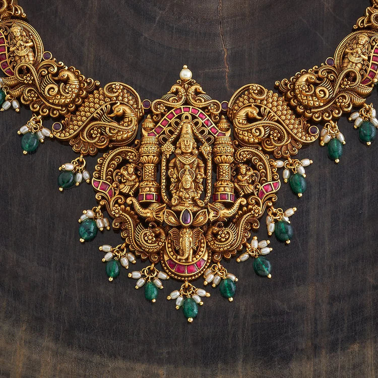 Antique Balaji and Peacock Design Necklace with Synthetic Stones and Dangling Beads