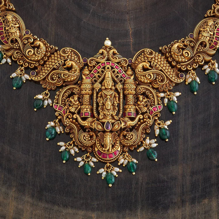 Antique Balaji and Peacock Design Necklace with Synthetic Stones and Dangling Beads