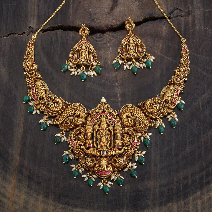 Antique Balaji and Peacock Design Necklace with Synthetic Stones and Dangling Beads