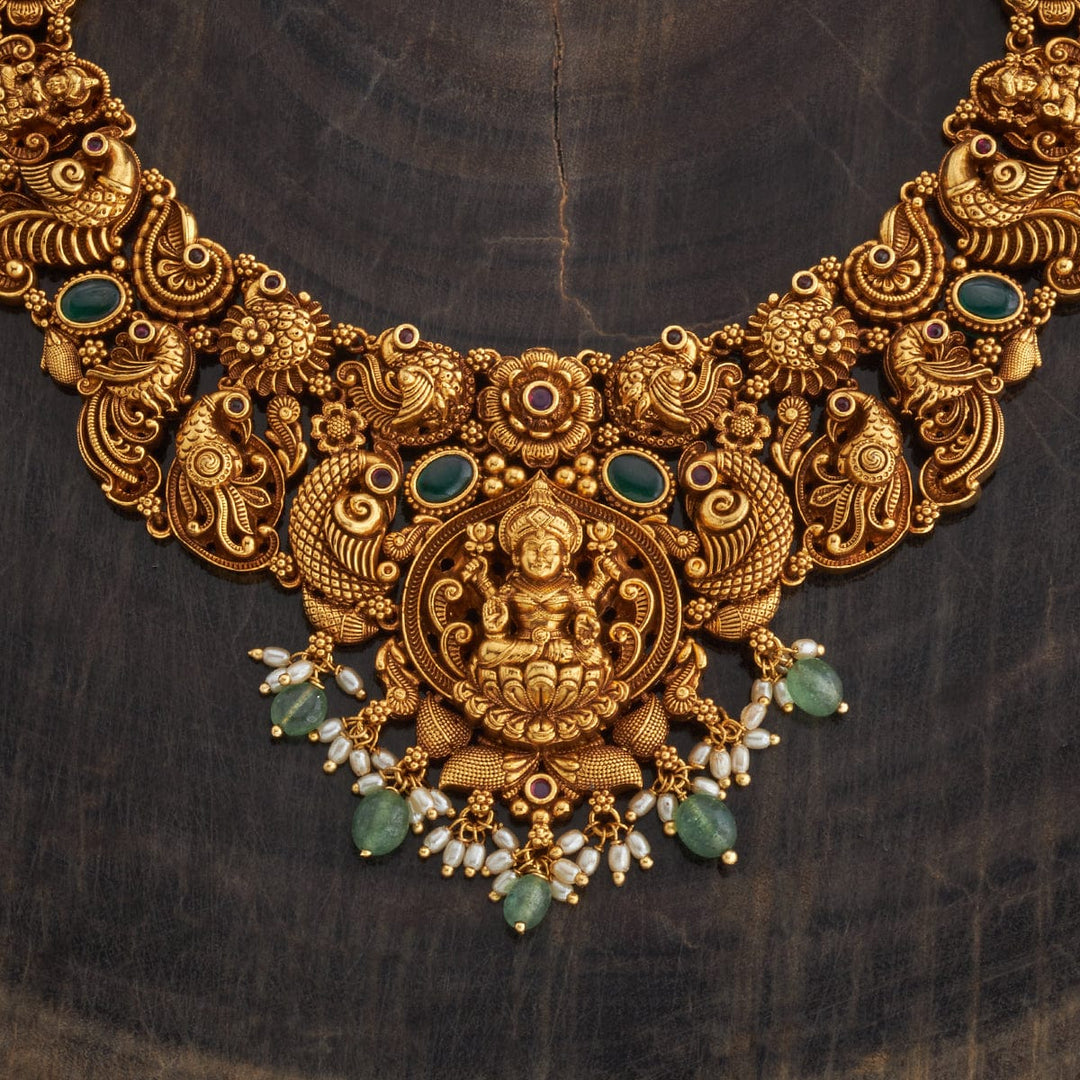 Lakshmi And Peacock Antique Short Necklace Set With Red And Green Stone And Dangling Beads and Pearls