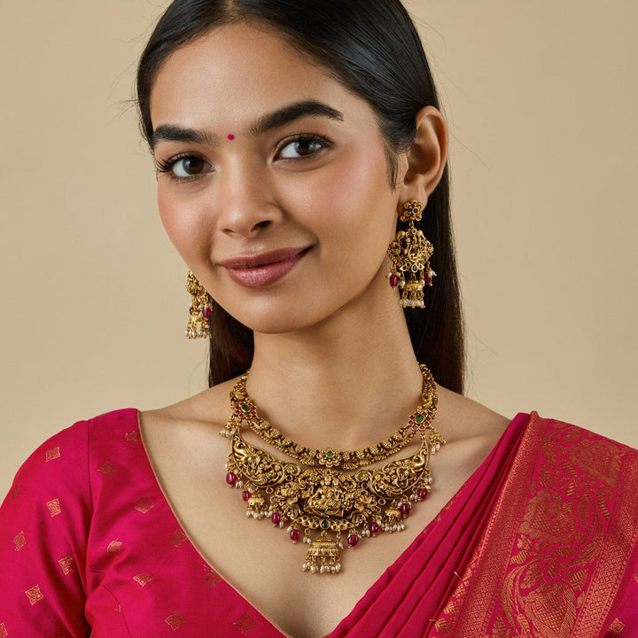 Double Layered Shiva And Parvati Antique Choker Set With Red And Green Stone And Dangling Beads And Pearls