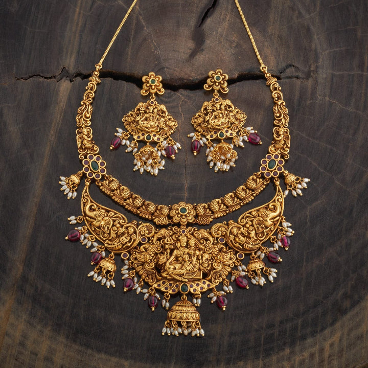 Double Layered Shiva And Parvati Antique Choker Set With Red And Green Stone And Dangling Beads And Pearls