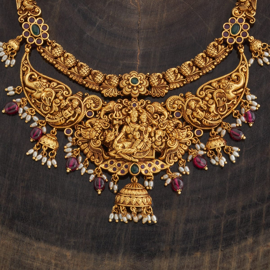 Double Layered Shiva And Parvati Antique Choker Set With Red And Green Stone And Dangling Beads And Pearls