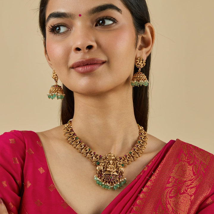 Goddess Lakshmi Peacock Short Necklace Set With Red-green Stone And Dangling Beads And Pearls