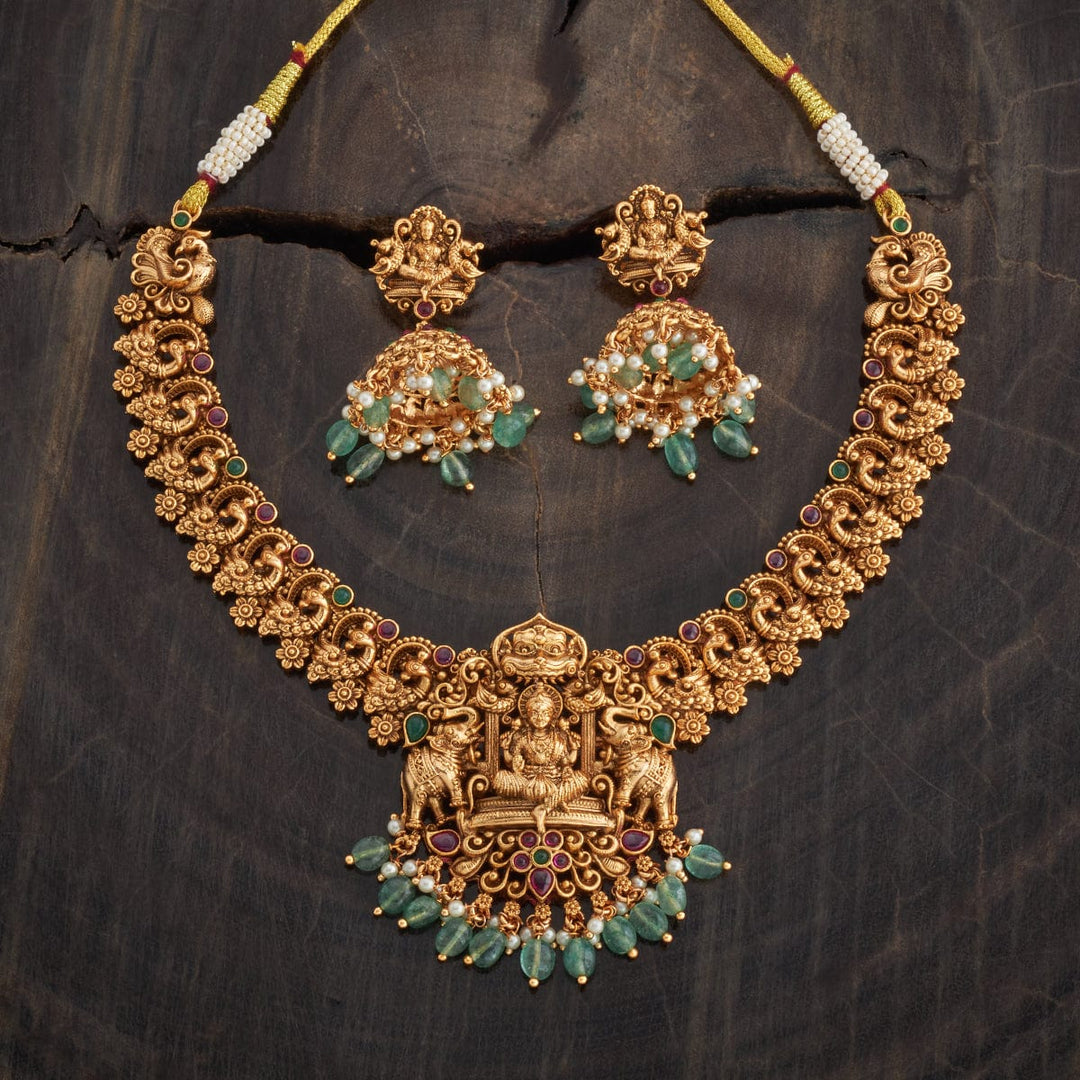 Goddess Lakshmi Peacock Short Necklace Set With Red-green Stone And Dangling Beads And Pearls