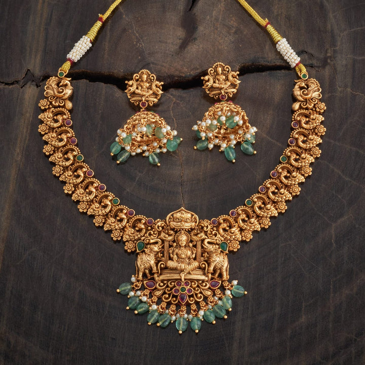 Goddess Lakshmi Peacock Short Necklace Set With Red-green Stone And Dangling Beads And Pearls