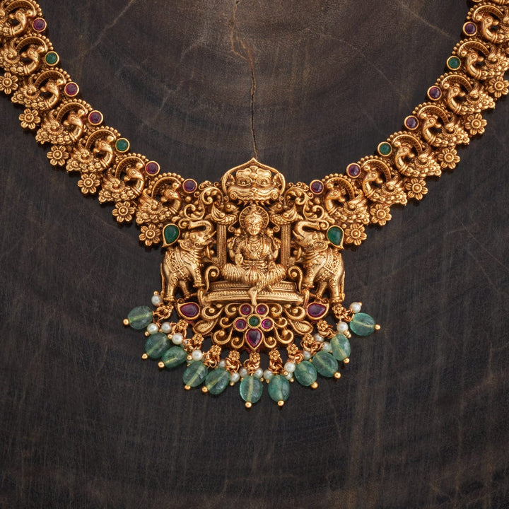 Goddess Lakshmi Peacock Short Necklace Set With Red-green Stone And Dangling Beads And Pearls