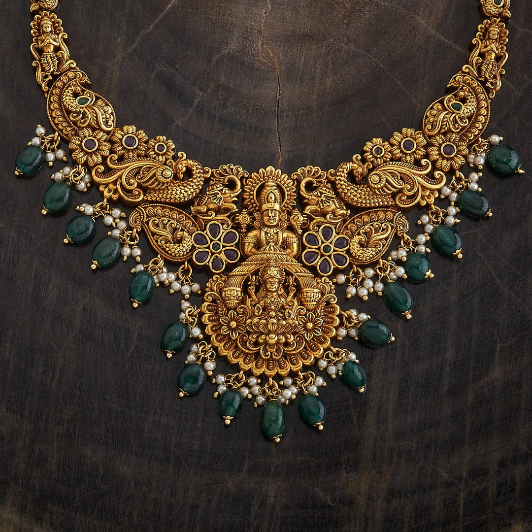 Antique Temple Short Necklace Set With Gem Stone And Gold Dangling Beads