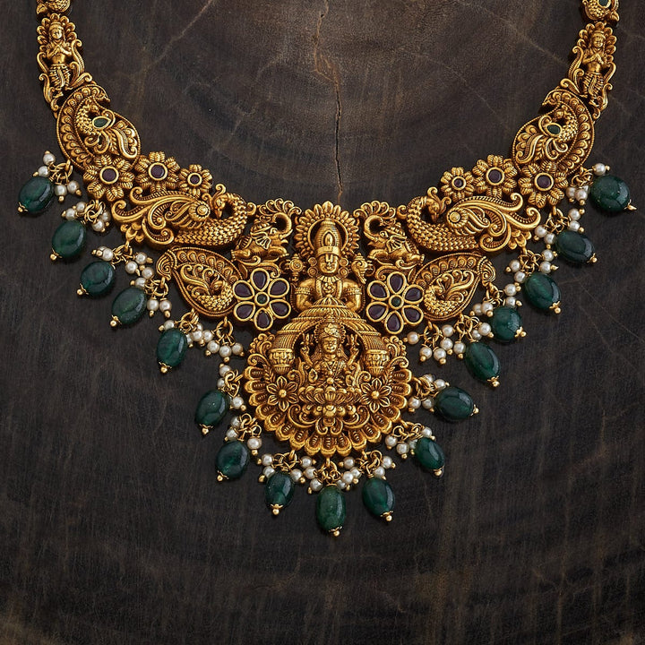 Antique Temple Short Necklace Set With Gem Stone And Gold Dangling Beads