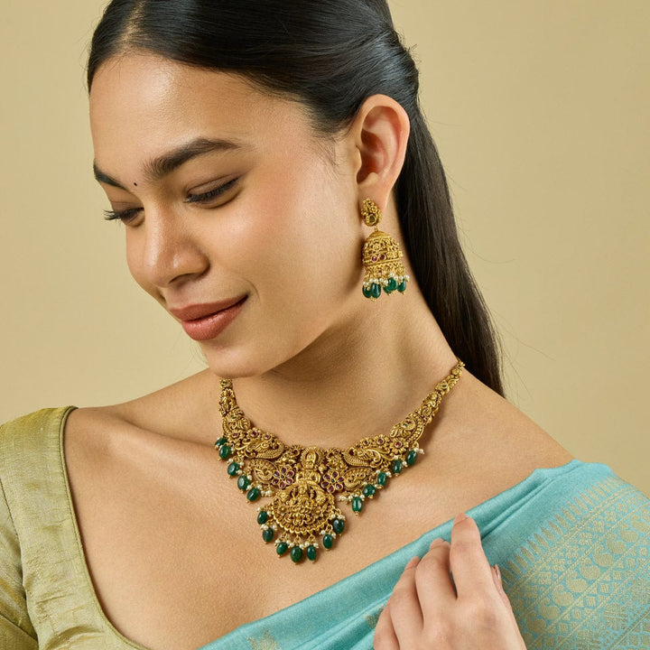 Antique Temple Short Necklace Set With Gem Stone And Gold Dangling Beads