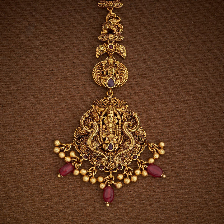 Shree Balaji With Devi Lakshmi and Elaphant Motif Antique Tikka with Ruby Dangling Beads and Pearls