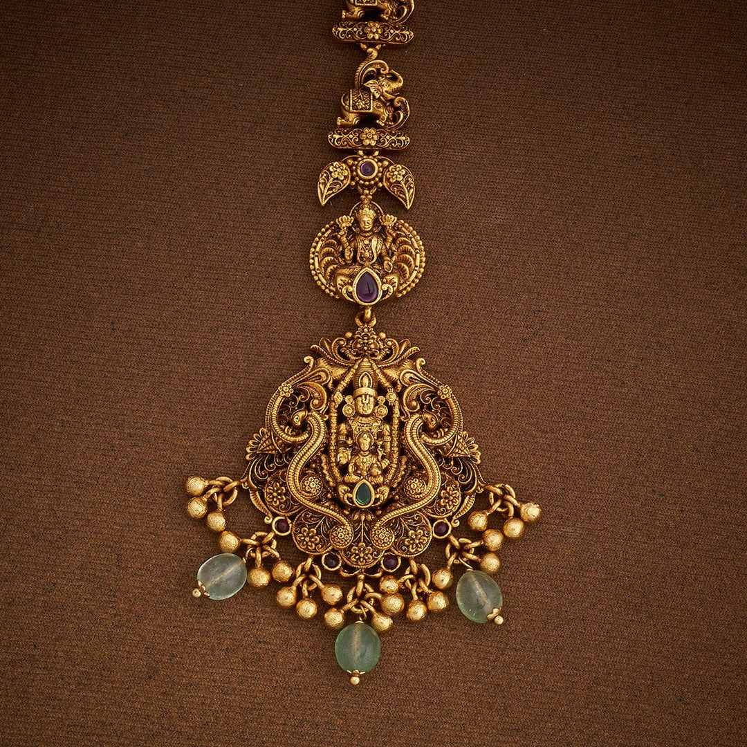 Shree Balaji With Devi Lakshmi and Elaphant Motif Antique Tikka with Green Dangling Beads and Pearls