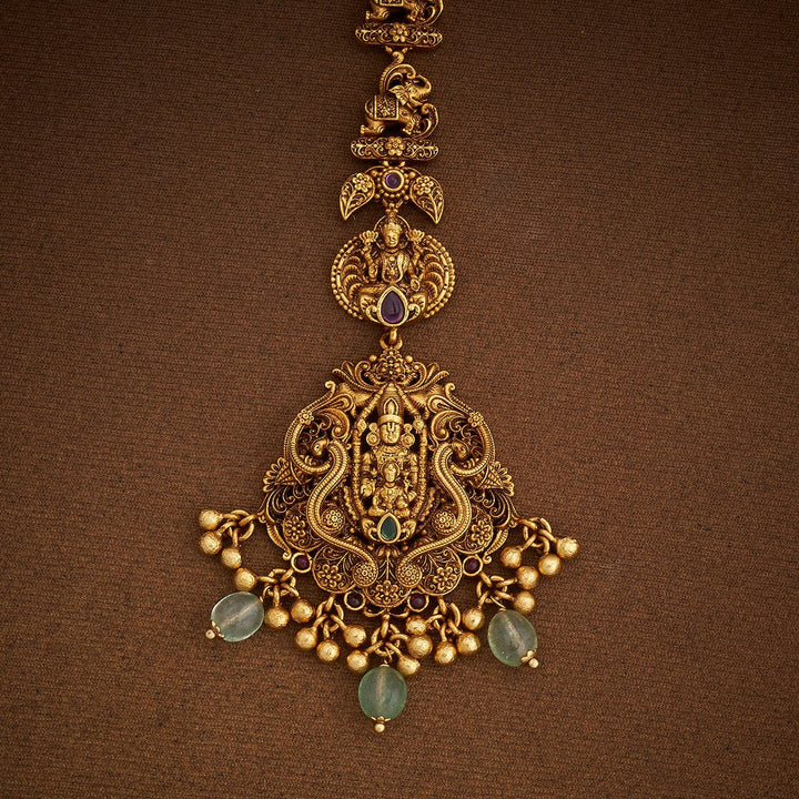 Shree Balaji With Devi Lakshmi and Elaphant Motif Antique Tikka with Green Dangling Beads and Pearls