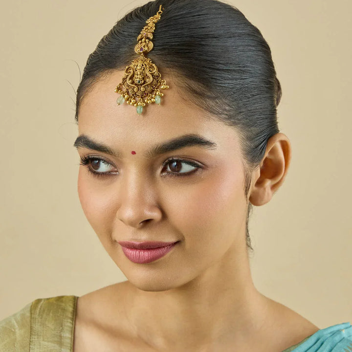 Shree Balaji With Devi Lakshmi and Elaphant Motif Antique Tikka with Green Dangling Beads and Pearls