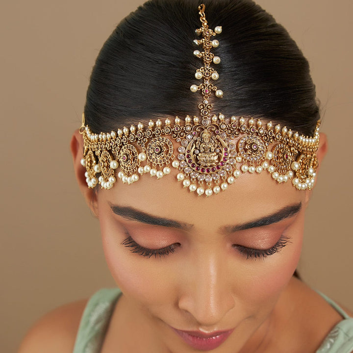 Ruby Bridal Maang Tikka With Stones & Beads