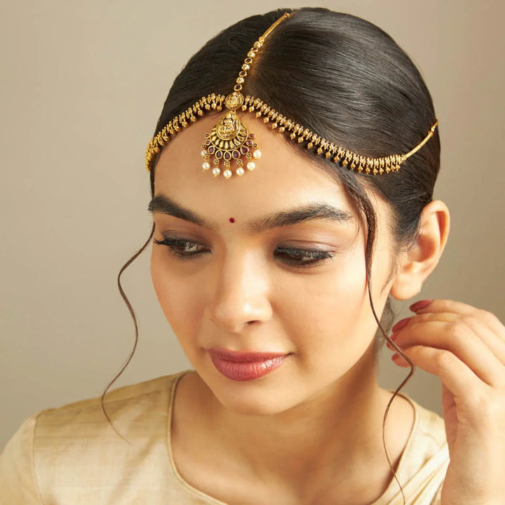 Fashion Jewellery with Lakshmi Pendant Antique Tikka with Dangling Pearls