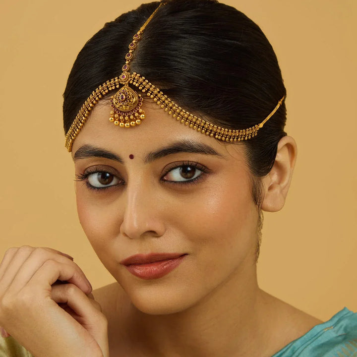 Hair Ornament with White Stones Antique Tikka with Pink Stones and Dangling Pearls