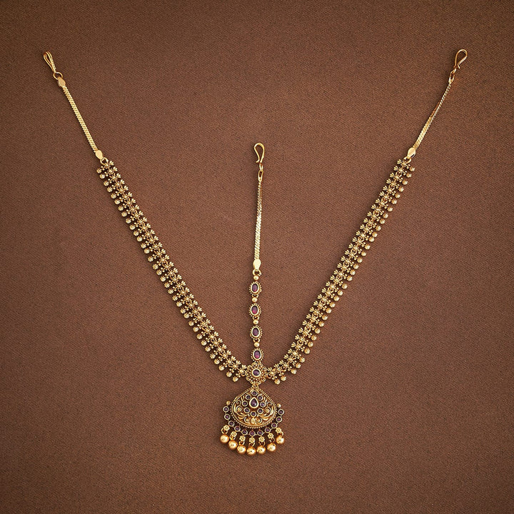 Hair Ornament with White Stones Antique Tikka with Pink Stones and Dangling Pearls