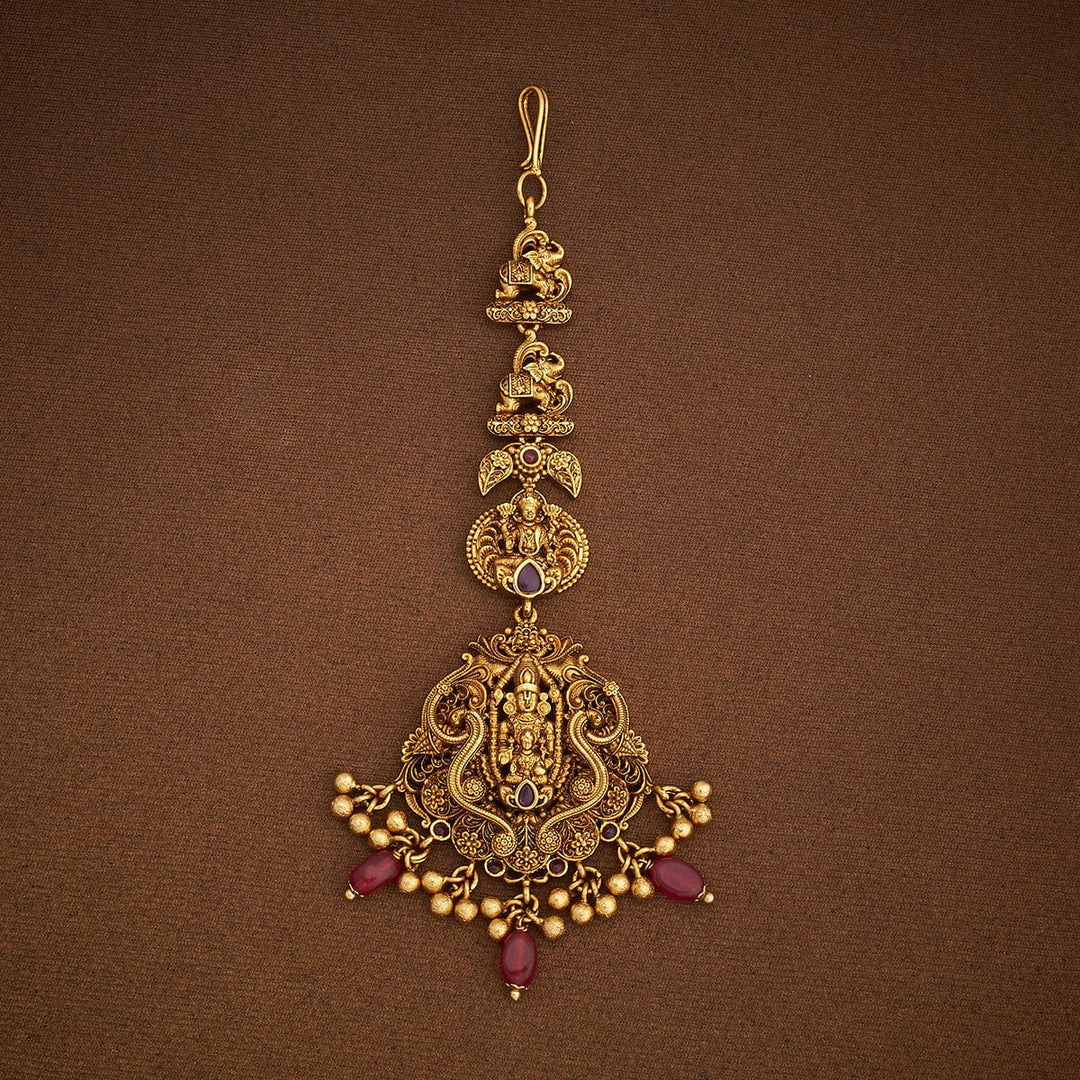 Shree Balaji With Devi Lakshmi and Elaphant Motif Antique Tikka with Ruby Dangling Beads and Pearls