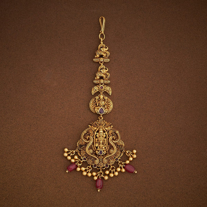 Shree Balaji With Devi Lakshmi and Elaphant Motif Antique Tikka with Ruby Dangling Beads and Pearls