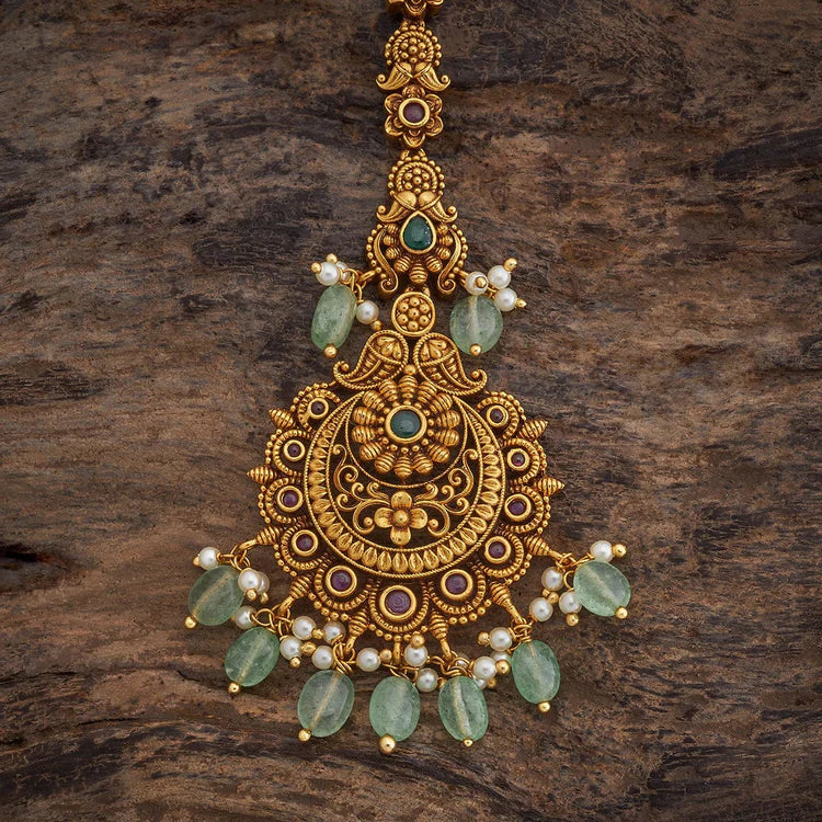 Paisley Motif Circle Design Antique Tikka with Pink Green stone and Dangling Beads