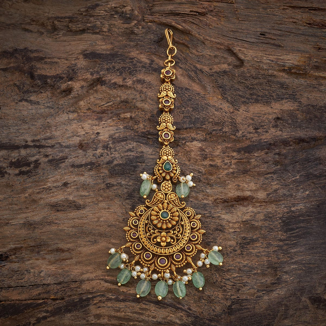 Paisley Motif Circle Design Antique Tikka with Pink Green stone and Dangling Beads