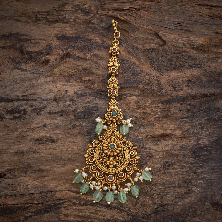 Paisley Motif Circle Design Antique Tikka with Pink Green stone and Dangling Beads