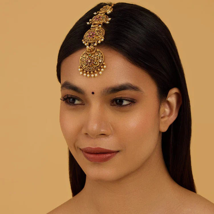 Maang tikka pink white green stone-studded Jadau Hair Ornament