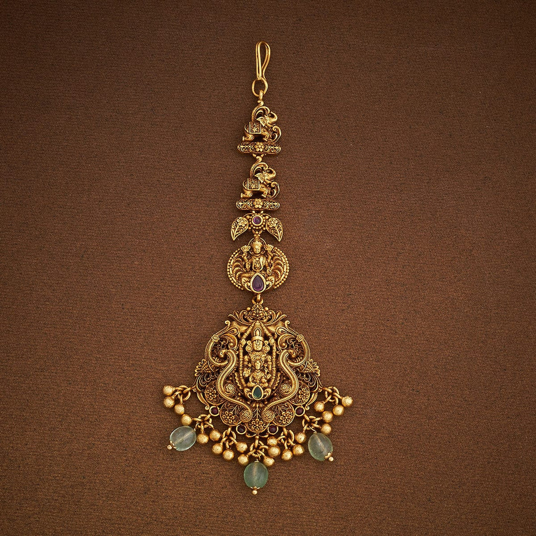 Shree Balaji With Devi Lakshmi and Elaphant Motif Antique Tikka with Green Dangling Beads and Pearls