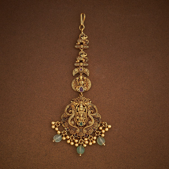 Shree Balaji With Devi Lakshmi and Elaphant Motif Antique Tikka with Green Dangling Beads and Pearls