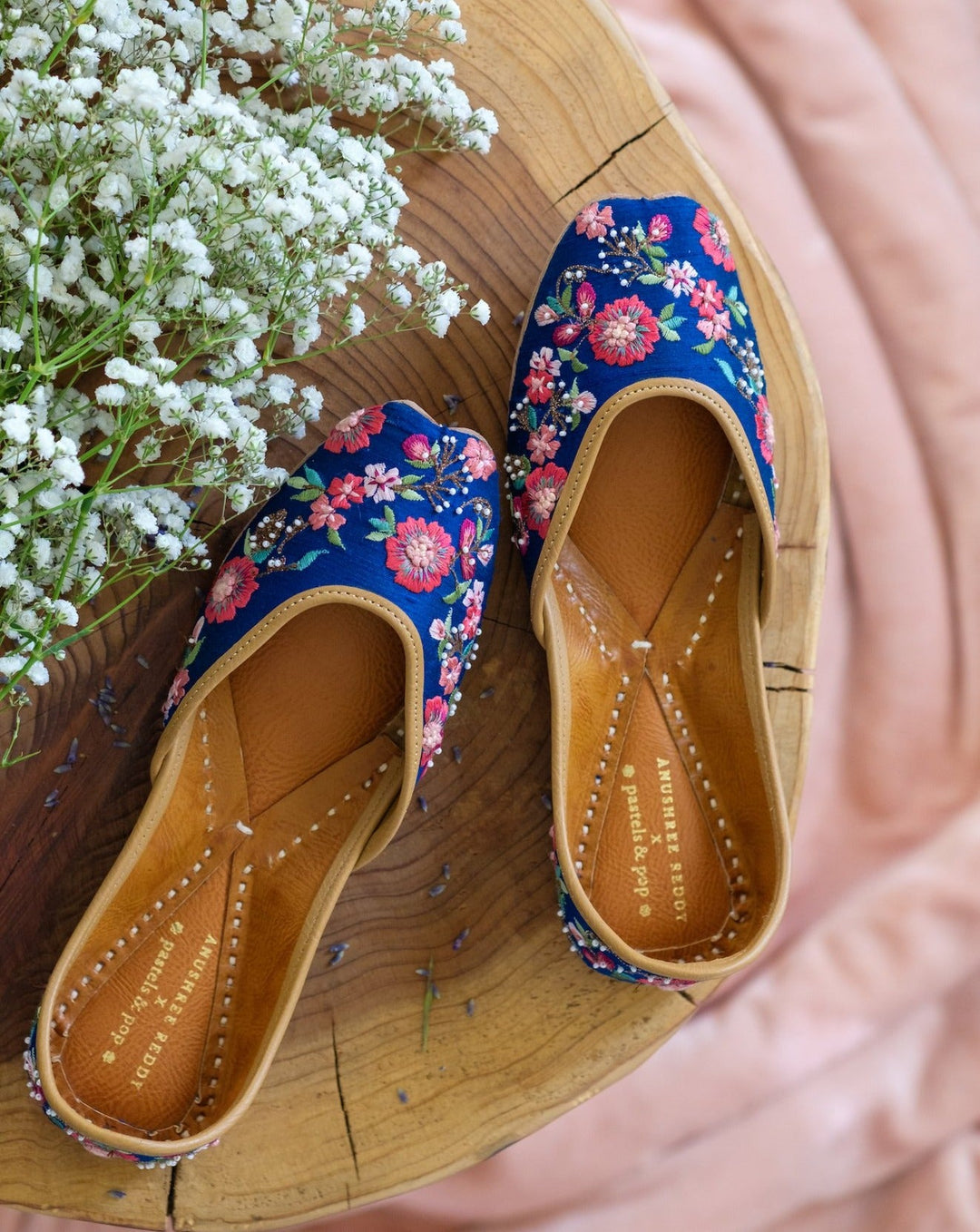 LAYLA : Pastels and Pop X Anushree Reddy Royal Blue Floral Embroidered Punjabi Juttis | SHOBITAM