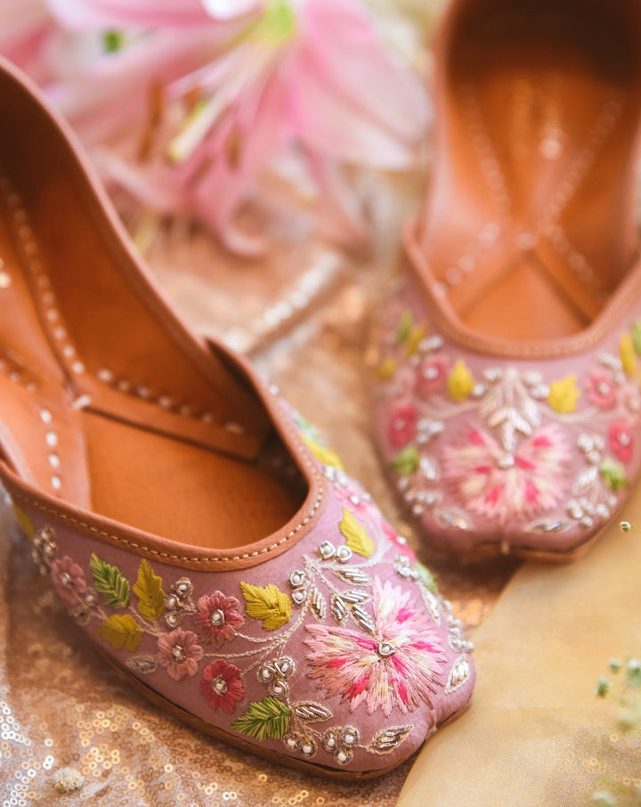 SIA : Pastels and Pop X Anushree Reddy Pastel Onion Pink Floral Embroidered Punjabi Juttis | SHOBITAM
